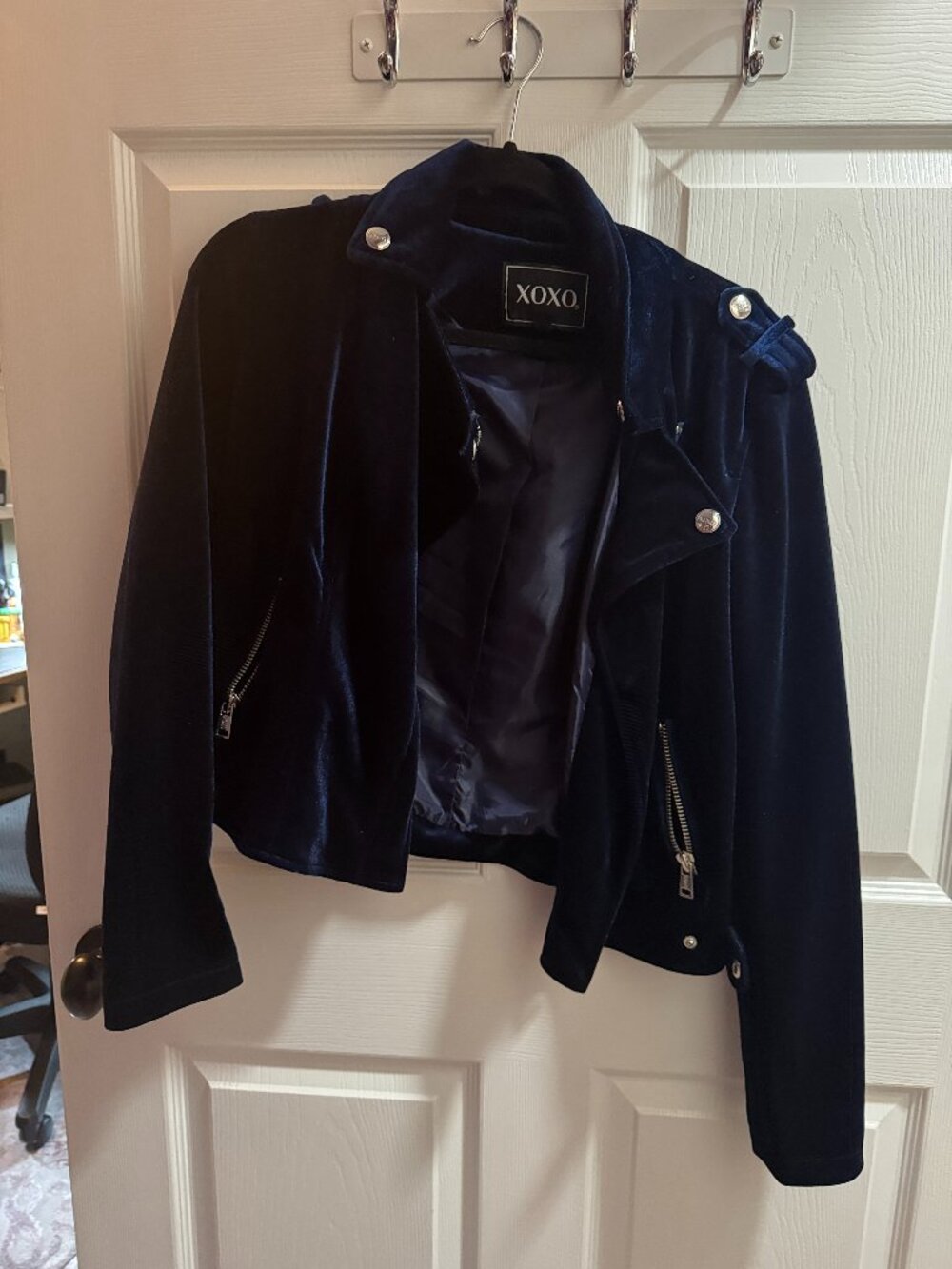 XOXO Blue Velvet Asymmetrical Moto Jacket (Size M)